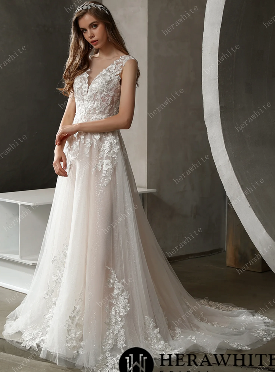 Load image into Gallery viewer, Sparkly Tulle and Lace A-Line Bridal Gown with Bateau Neckline

