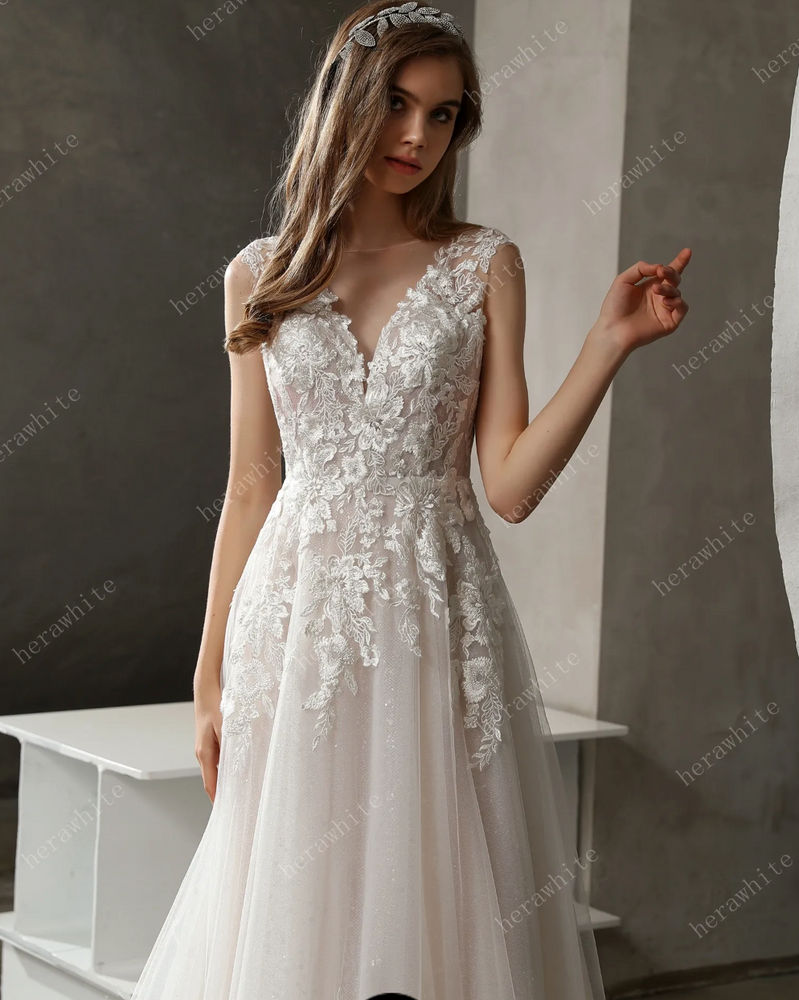 
                      
                        Sparkly Tulle and Lace A-Line Bridal Gown with Bateau Neckline
                      
                    
