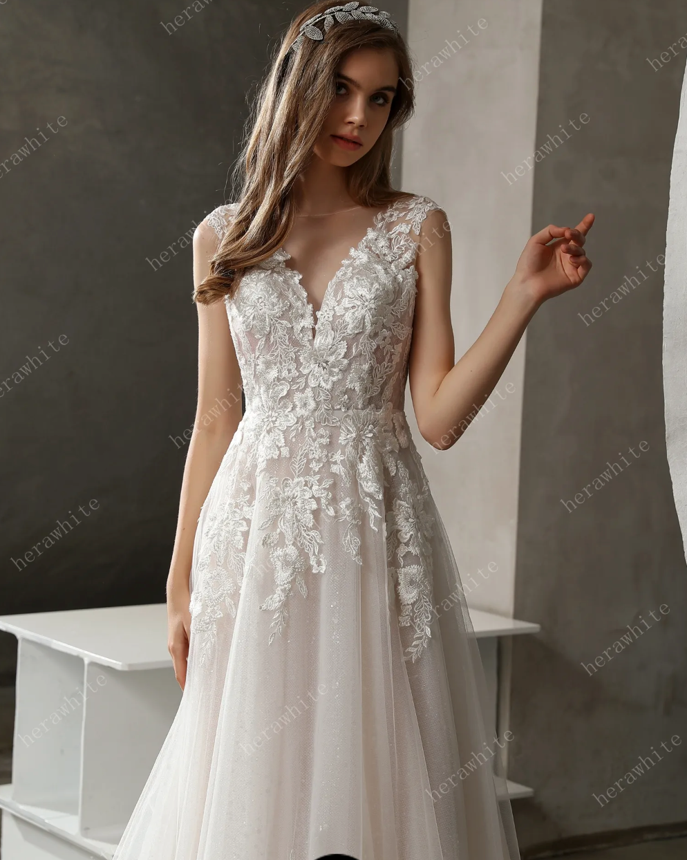 Load image into Gallery viewer, Sparkly Tulle and Lace A-Line Bridal Gown with Bateau Neckline
