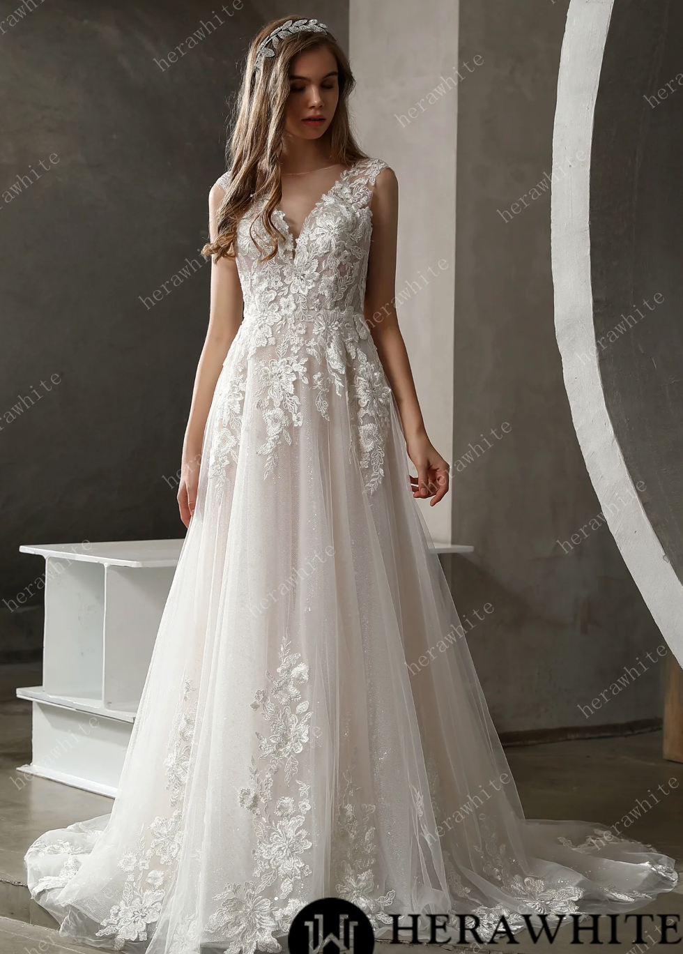 Sparkly Tulle and Lace A-Line Bridal Gown with Bateau Neckline