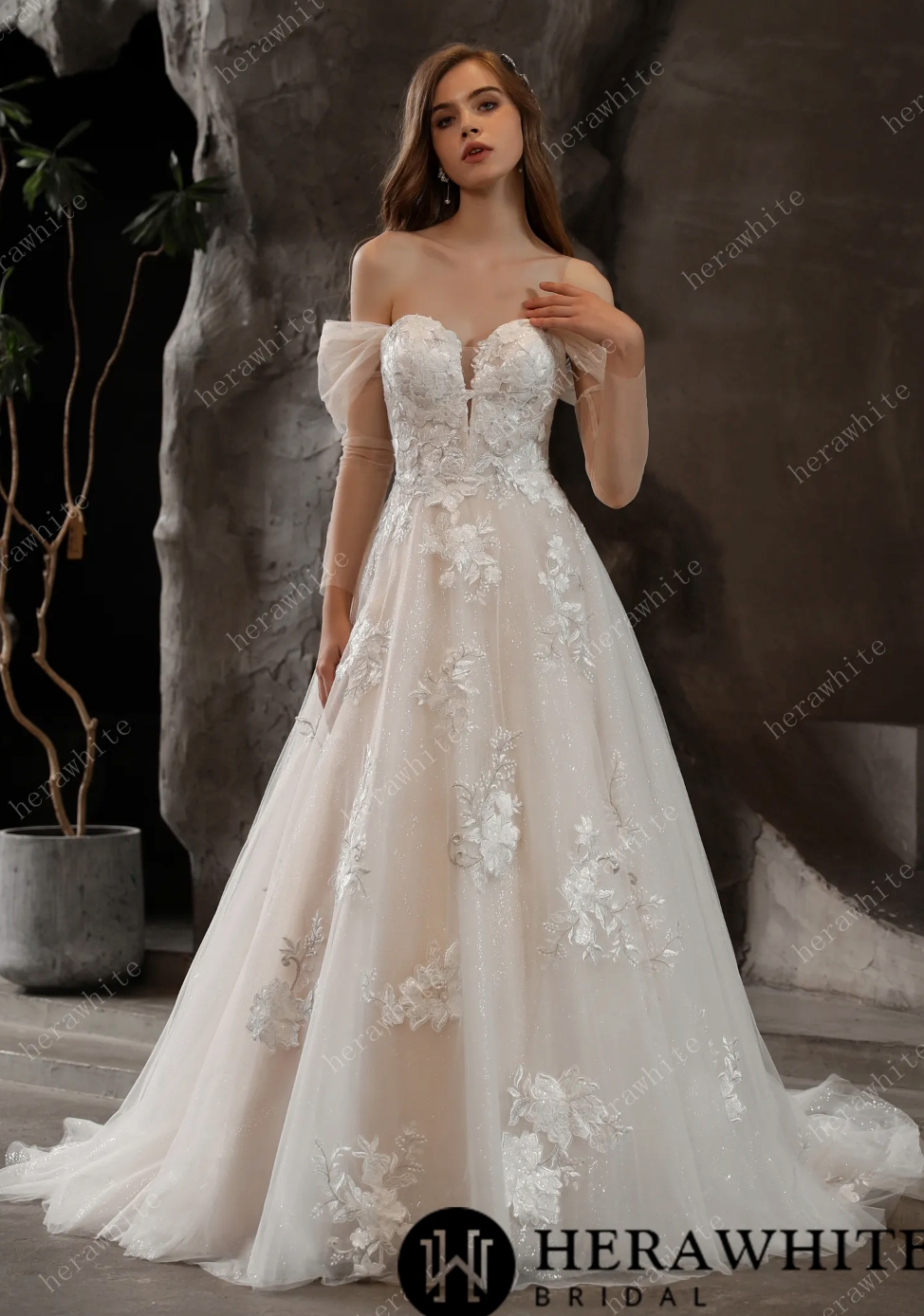 Load image into Gallery viewer, Off-The-Shoulder Romantic Wedding Ball Gown with Glamorous Floral Motifs
