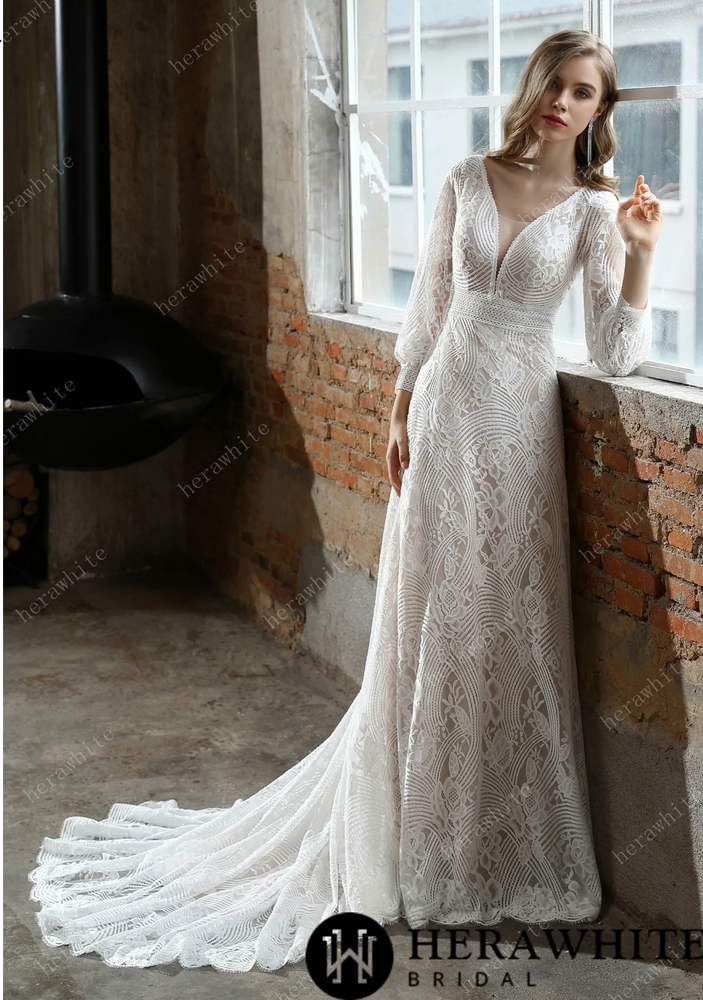 
                      
                        Unique Plunging V-Neck Lace Bohemian Wedding Gown
                      
                    