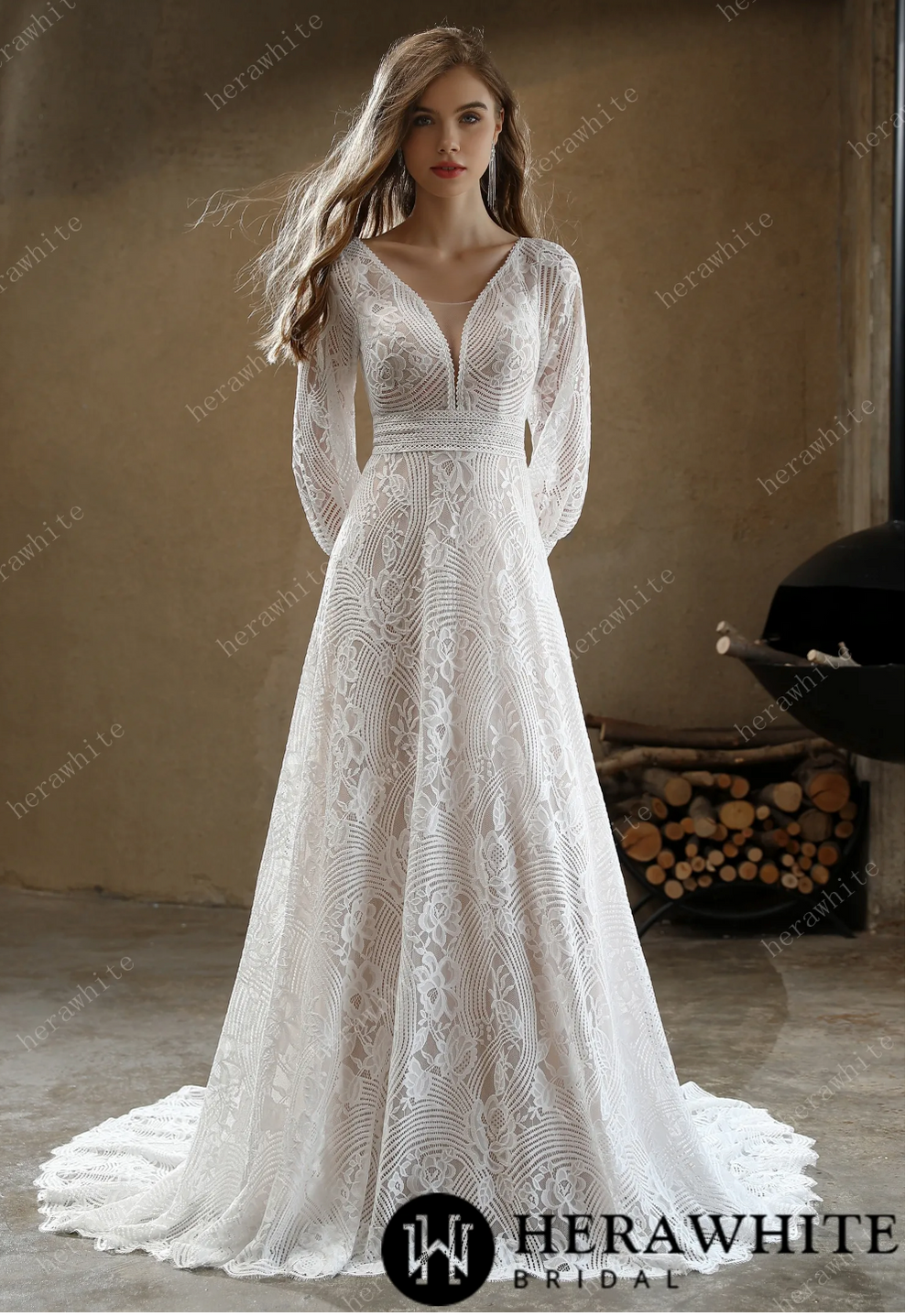 Unique Plunging V-Neck Lace Bohemian Wedding Gown