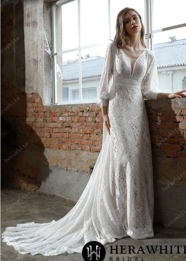
                      
                        Unique Plunging V-Neck Lace Bohemian Wedding Gown
                      
                    