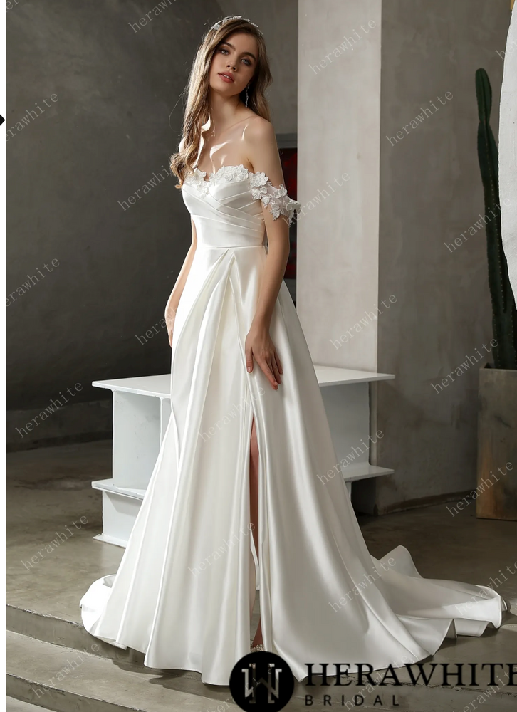 
                      
                        Satin Off-The-Shoulder A-line Bridal Gown with Slit Skirt
                      
                    