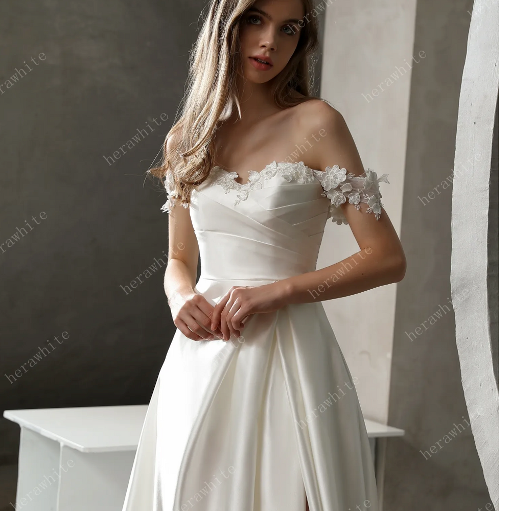 
                      
                        Satin Off-The-Shoulder A-line Bridal Gown with Slit Skirt
                      
                    