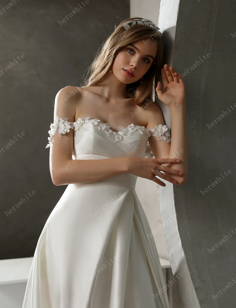 
                      
                        Satin Off-The-Shoulder A-line Bridal Gown with Slit Skirt
                      
                    