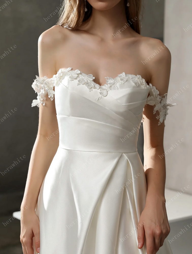 
                      
                        Satin Off-The-Shoulder A-line Bridal Gown with Slit Skirt
                      
                    