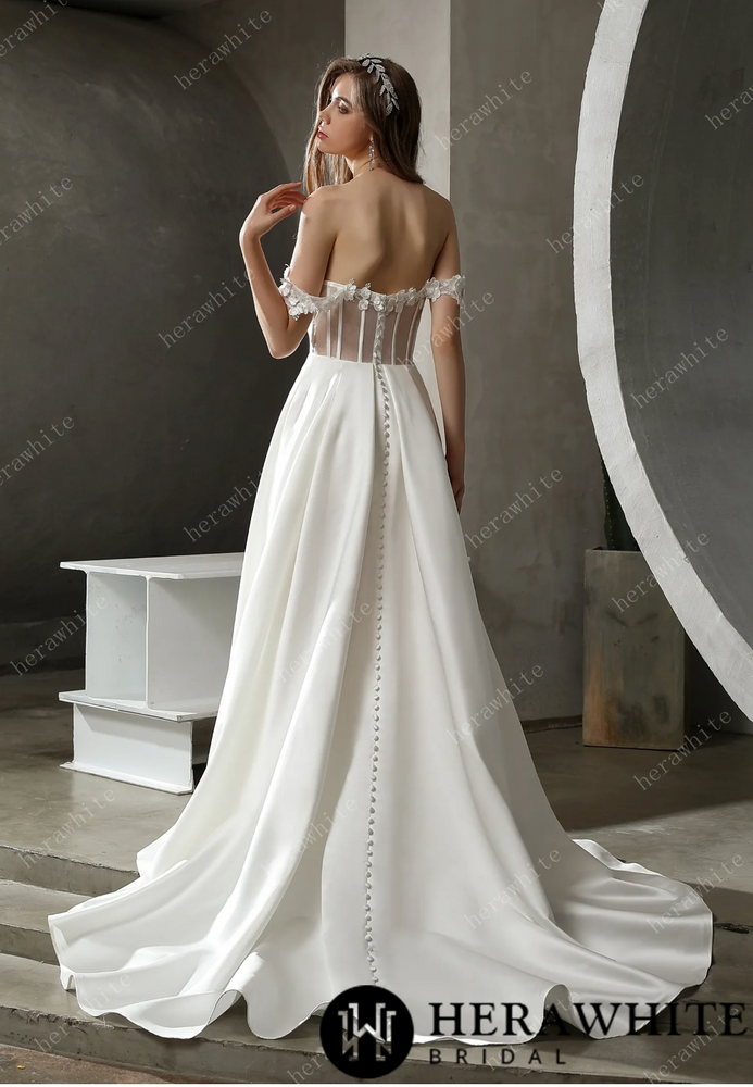 
                      
                        Satin Off-The-Shoulder A-line Bridal Gown with Slit Skirt
                      
                    