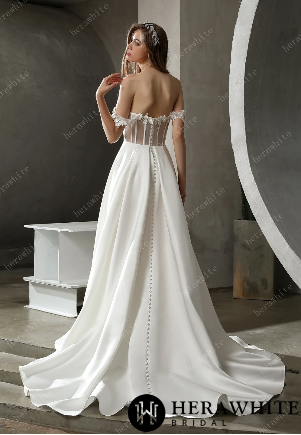 Satin Off-The-Shoulder A-line Bridal Gown with Slit Skirt