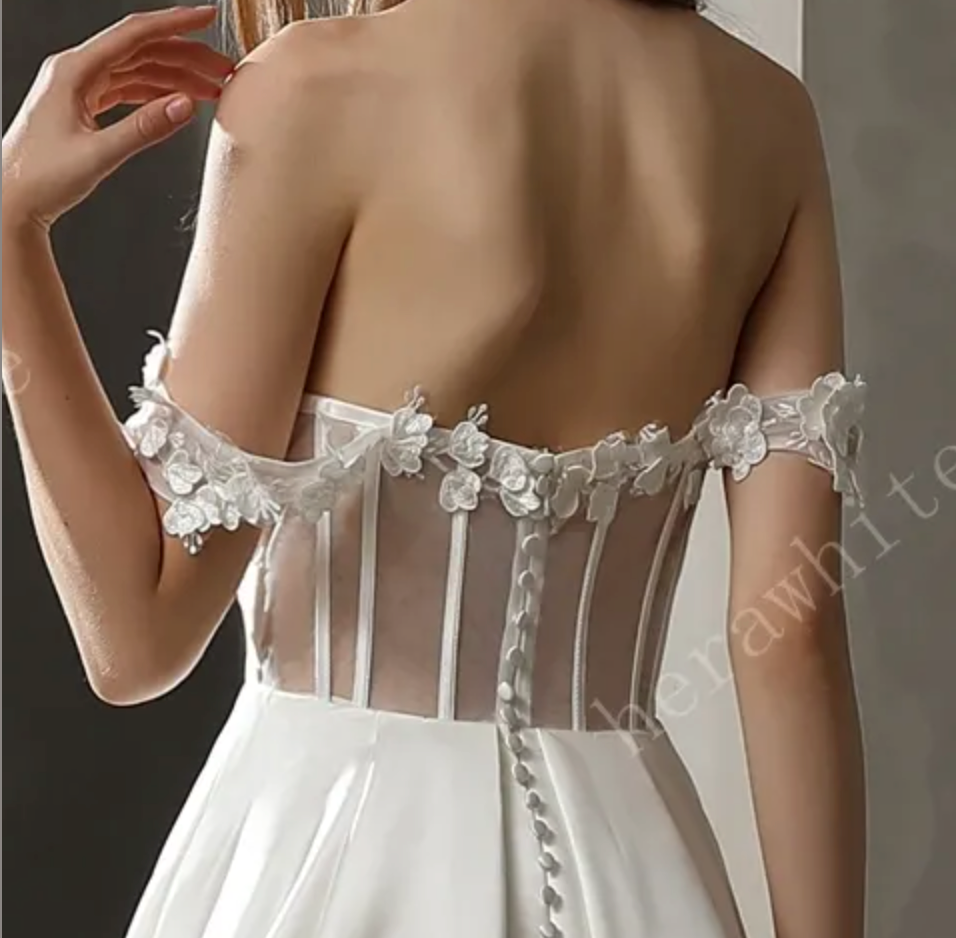
                      
                        Satin Off-The-Shoulder A-line Bridal Gown with Slit Skirt
                      
                    