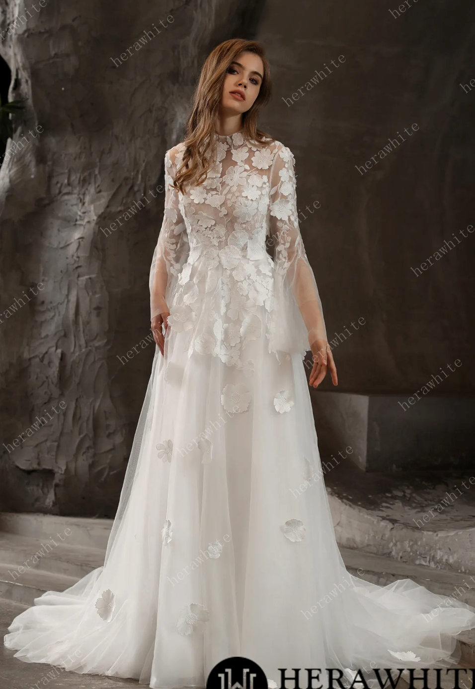 Illusion High Neck Bridal Gown with Lovely 3D Floral Lace