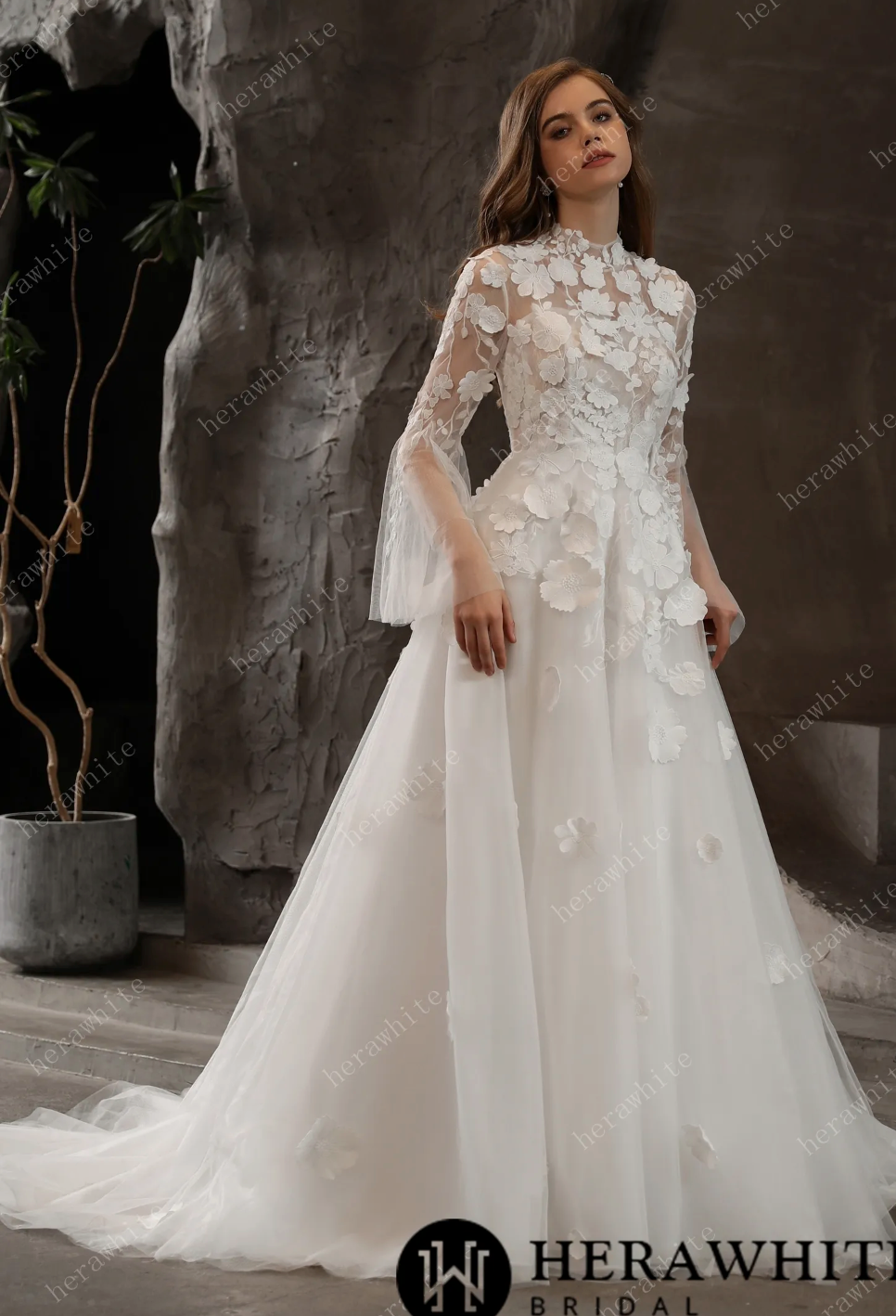 Illusion High Neck Bridal Gown with Lovely 3D Floral Lace