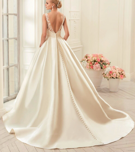 Backless Satin A Line Wedding Dress Chapel Train Bridal Gown