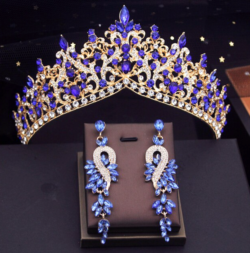 Vivid Blue Bridal Wedding Crown With Earrings Evening Jewelry Accessories