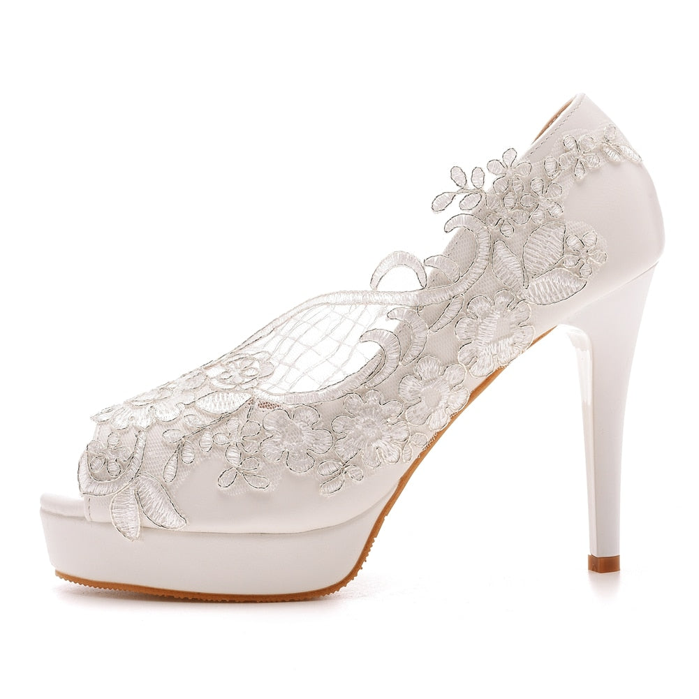 White Stiletto Lace Open Toe High Heel Luxury Party Shoes