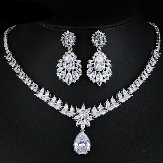 Luxury Silver Color Water Drop Cubic Zirconia Wedding Jewelry Sets
