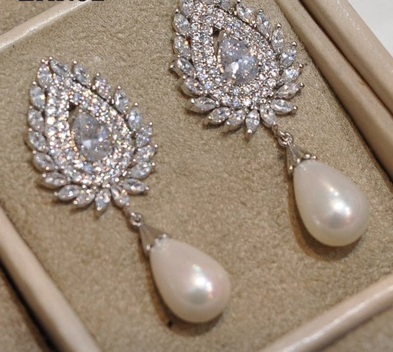 Women ballroom latin dance bling earring jewelry silver long pink flower  earrings with tassel pearl earrings