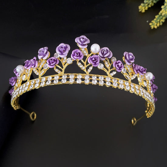 Load image into Gallery viewer, Purple Rose Flower Tiara Crown Pearl Crystal Party Hair Accessory
