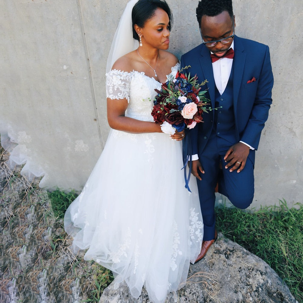 Lace Tulle Off Shoulder A Line Wedding Bridal Gown