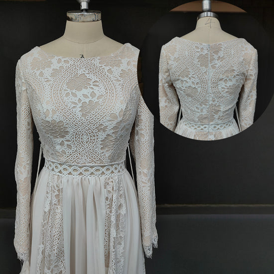 Boho Beach Long Sleeve Chiffon Lace Wedding Bridal Gown