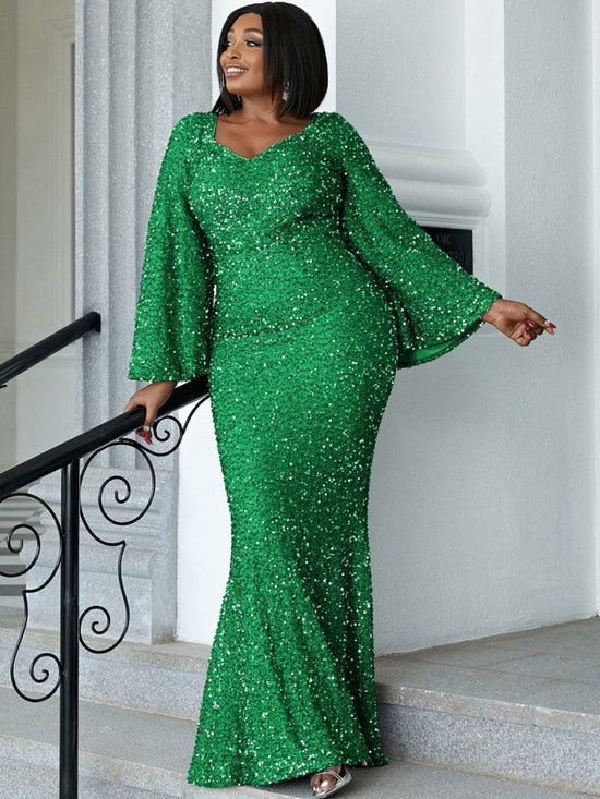 Plus Size Sequined Sweetheart Party Maxi Trumpet Sleeve Gown
