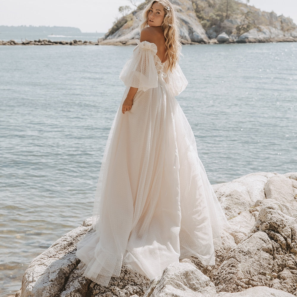 Lantern Sleeve Sweetheart Polka Dot Tulle A Line Wedding Dress