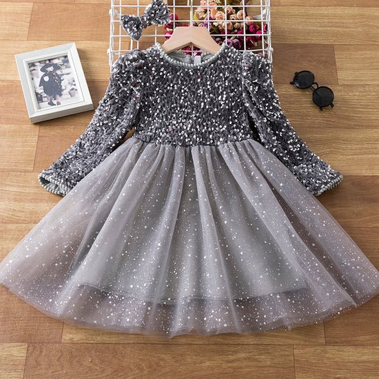 Sequin Long Sleeve Girls Princess Party Dresses for 3-8 Yrs