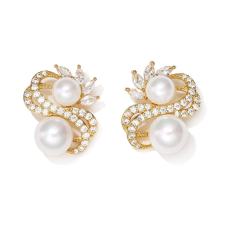 Exquisite Double Row Winding Pearl  Zircon Earrings for Women