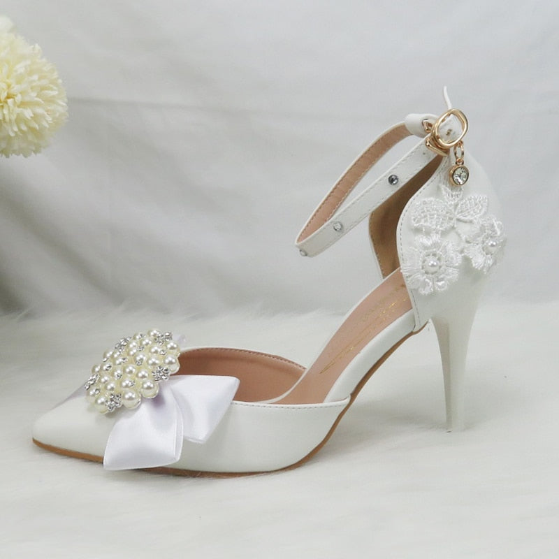 White Lace Flower Buckle Ankle Strap Bridal Dress Shoes