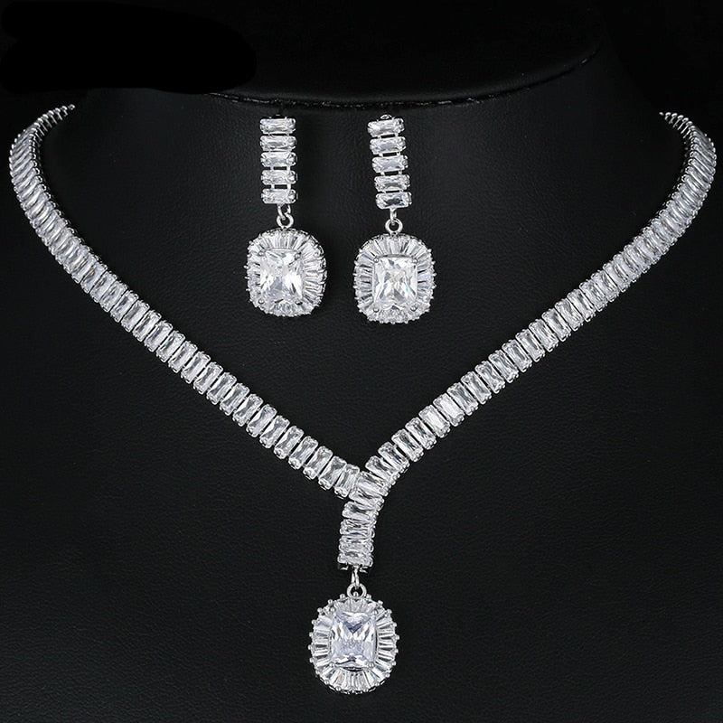Luxury Silver Color Square Cubic Zirconia Jewelry Necklace and Earrings Sets