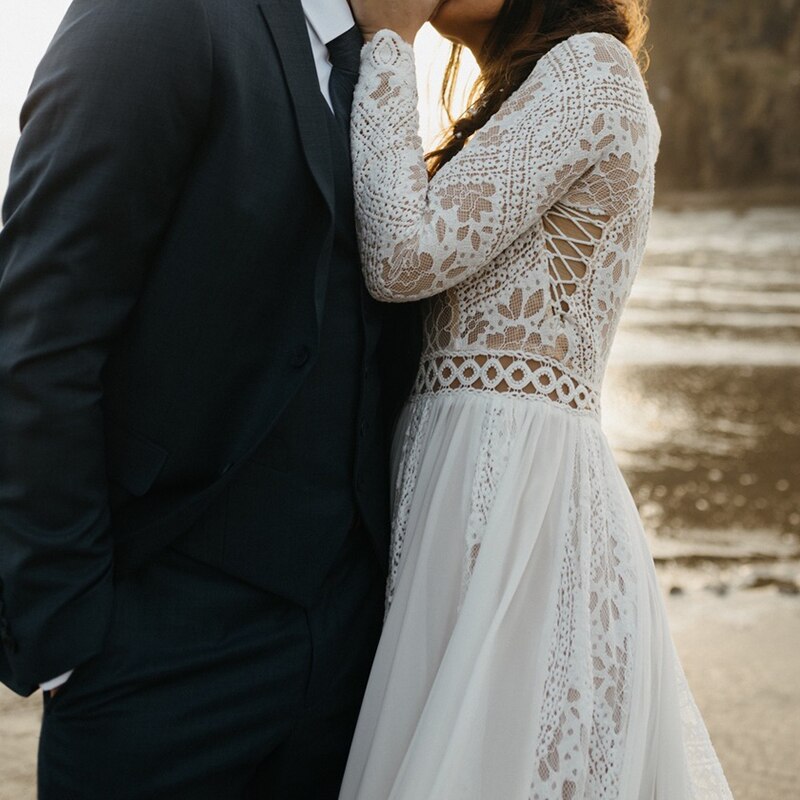 Boho Beach Long Sleeve Chiffon Lace Wedding Bridal Gown