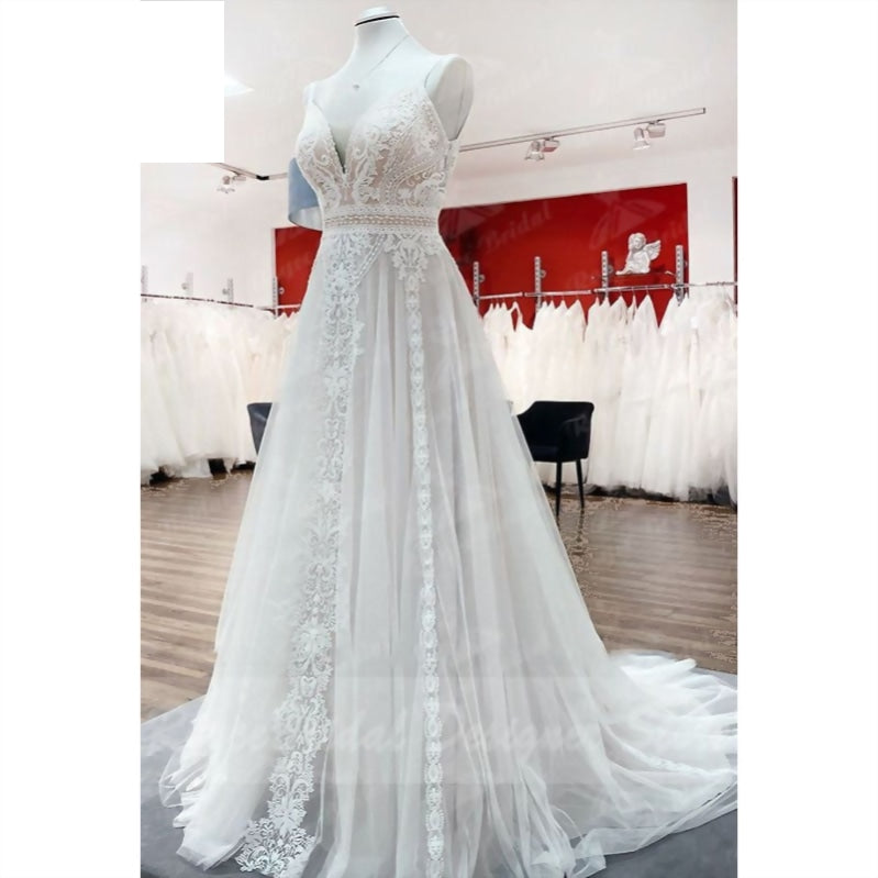 
                      
                        A Line Boho Blush Pink Wedding Dress Lace Tulle V Neck Sleeveless Open Back Gown
                      
                    