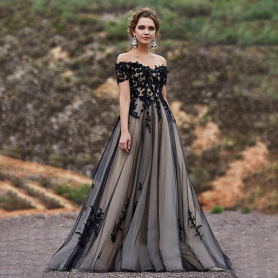 Two Tone Gothic Black Wedding Dress A-Line Lace Tulle Bridal Gown