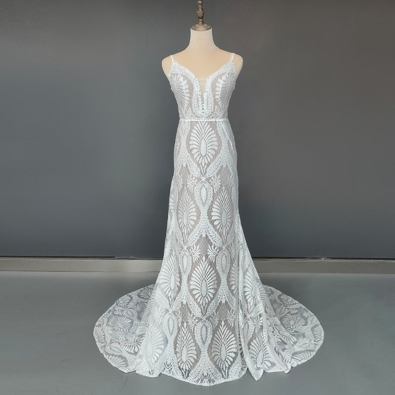 
                      
                        Beach Wedding Mermaid Bridal Gown Deep V-Neck Rustic Lace Dress
                      
                    