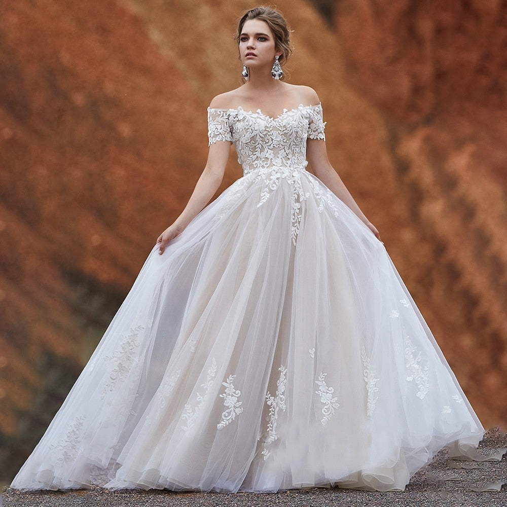 
                      
                        Lace Tulle Off Shoulder A Line Wedding Bridal Gown
                      
                    