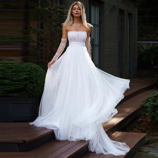 Simple Tulle Organza Strapless Wedding Dress Detachable Sleeves Court Train