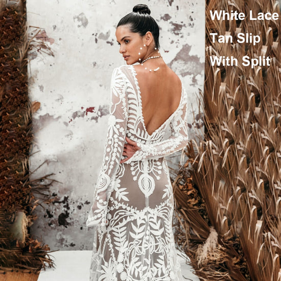 Load image into Gallery viewer, Country Boho Beach Destination Wedding Dress Two Pieces Lace Illusion Mermaid Bridal Gown
