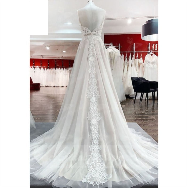 
                      
                        A Line Boho Blush Pink Wedding Dress Lace Tulle V Neck Sleeveless Open Back Gown
                      
                    