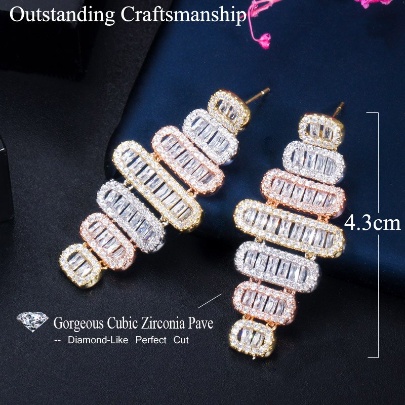 Load image into Gallery viewer, Geometric Dangle Drop Baguette Cubic Zirconia Long Earrings 3 Tone Rose Gold Plated
