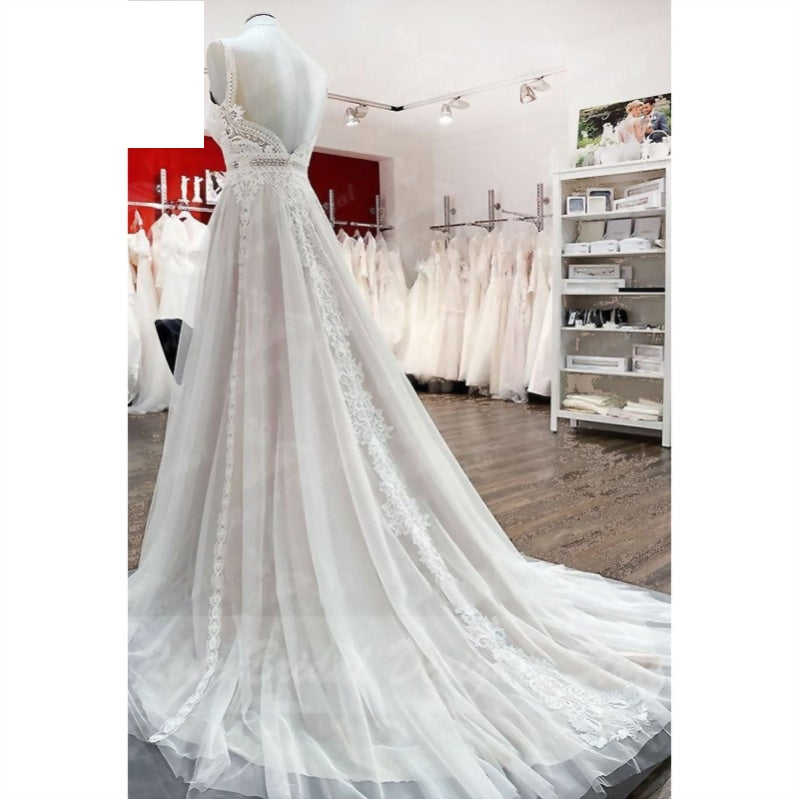 
                      
                        A Line Boho Blush Pink Wedding Dress Lace Tulle V Neck Sleeveless Open Back Gown
                      
                    