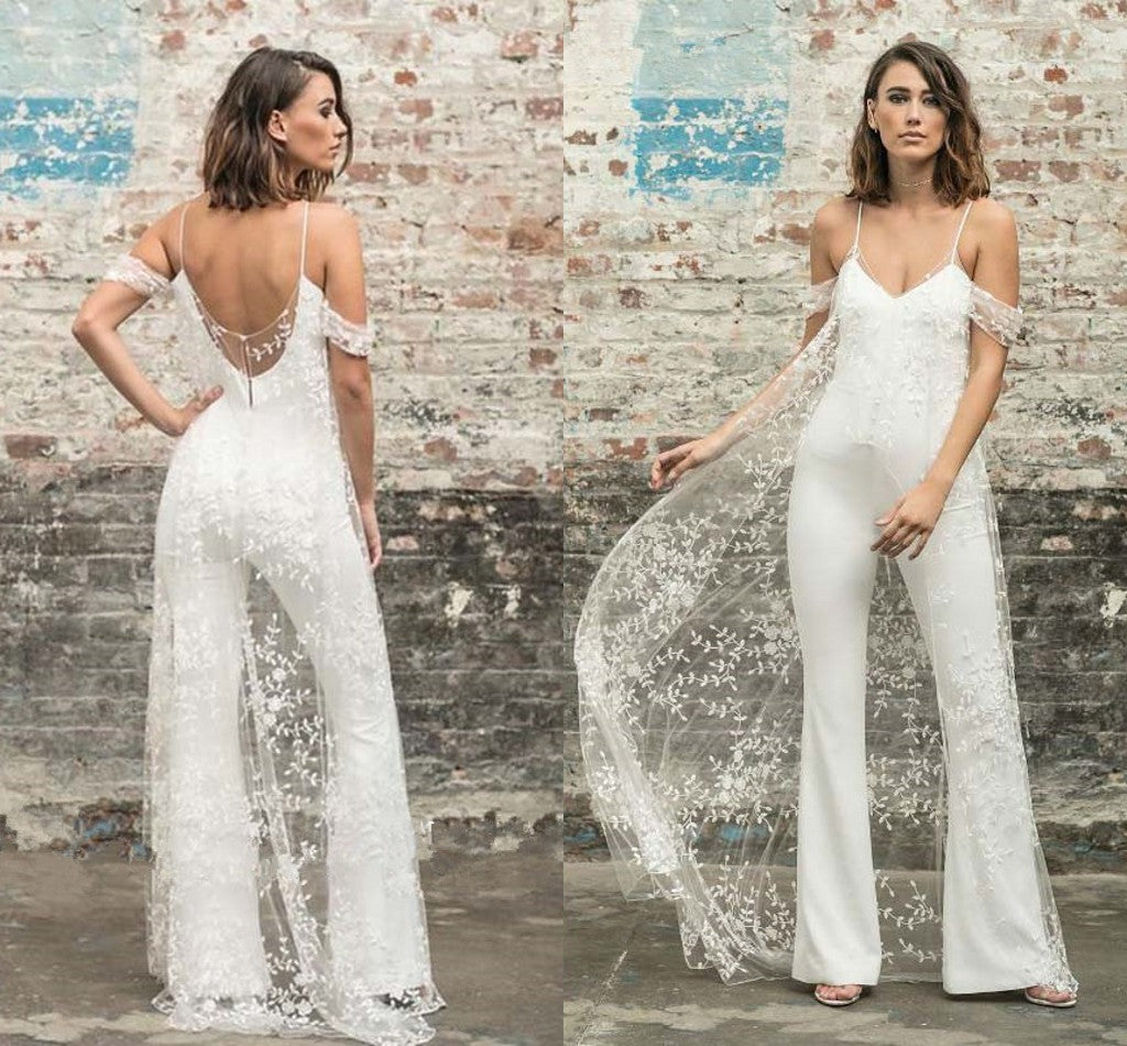 Load image into Gallery viewer, Wedding Jumpsuit With Cape V Neck Boho Pant Suit
