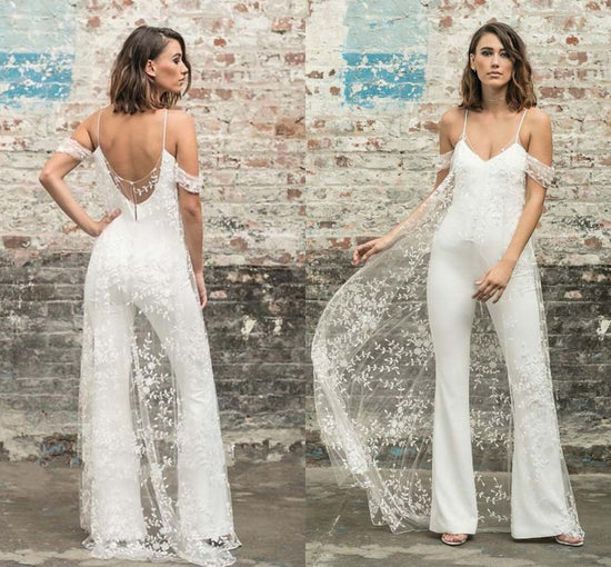 Custom Made Romantic Lace  Jumpsuits For Wedding With Jewel
