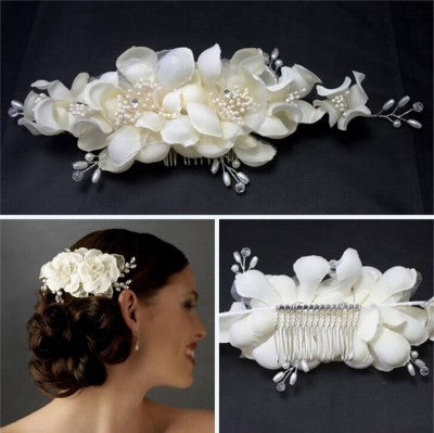 Load image into Gallery viewer, Bridesmaid Bridal  White Flower Hair Comb  Wedding Hair Accessories Headpiece Veil Jewelry - TulleLux Bridal Crowns &amp;amp;  Accessories 
