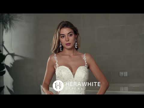 Load and play video in Gallery viewer, Crepe Fit and Flare Crepe Silhouette Wedding Dress With Lace Straps
