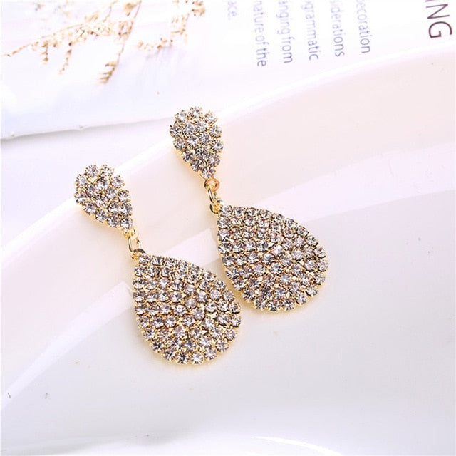 Gold Silver Crystal Luxury Water Drop Wedding Bridal Earrings - TulleLux Bridal Crowns &  Accessories 