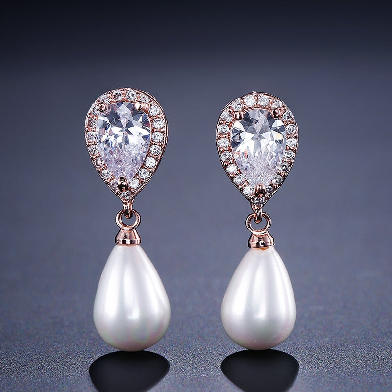 Water Drop Shape Bridal Pearl Earrings  AAA Cubic Zirconia Long Drop Earrings - TulleLux Bridal Crowns &  Accessories 