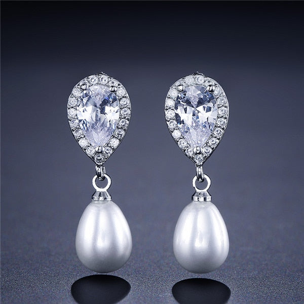 Water Drop Shape Bridal Pearl Earrings  AAA Cubic Zirconia Long Drop Earrings - TulleLux Bridal Crowns &  Accessories 