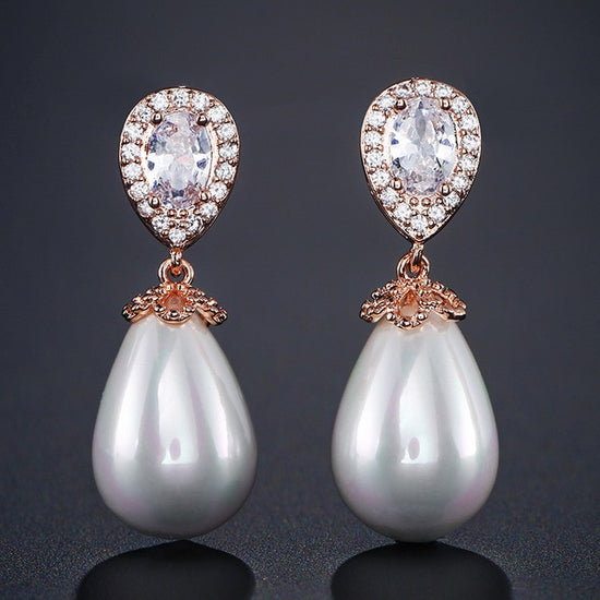 Water Drop Shape Bridal Pearl Earrings  AAA Cubic Zirconia Long Drop Earrings - TulleLux Bridal Crowns &  Accessories 