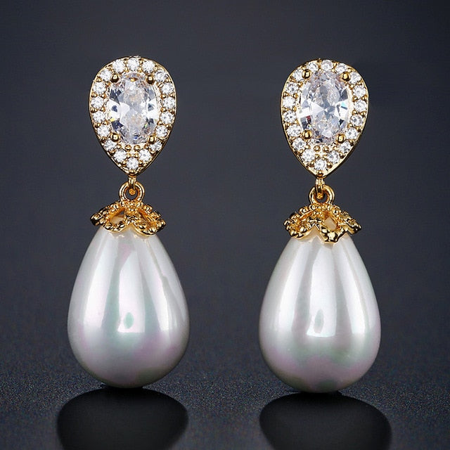 Water Drop Shape Bridal Pearl Earrings  AAA Cubic Zirconia Long Drop Earrings - TulleLux Bridal Crowns &  Accessories 